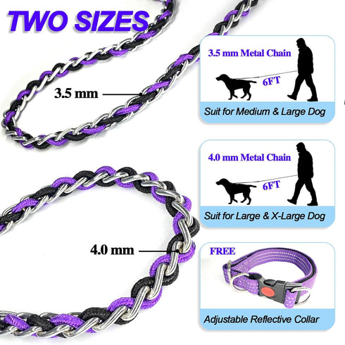Dog Leash Rope Chain - Heavy Duty Nylon Rope Metal Chain for Medium Large Dogs - 6ft Chew Proof Training Walking