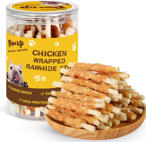 PAWUP Dog Treats Chicken Wrapped Rawhide Sticks Long Lasting Dog Chews, Natural
