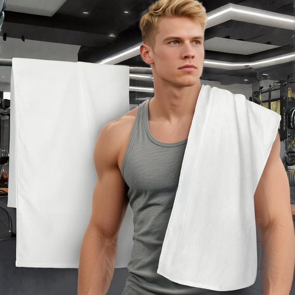 White Workout Towels for Gym (2PC, 16"x43") - 100% Cotton, Breathable, Soft