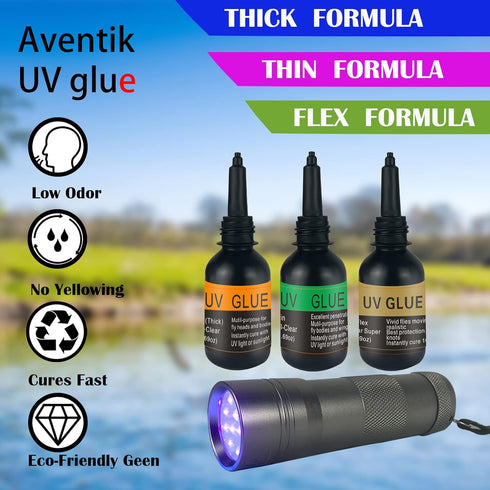 Riverruns UV Clear Glue Three Formula Thick, Thin, Super Flew +12 LED UV Power Light for Fly Tying