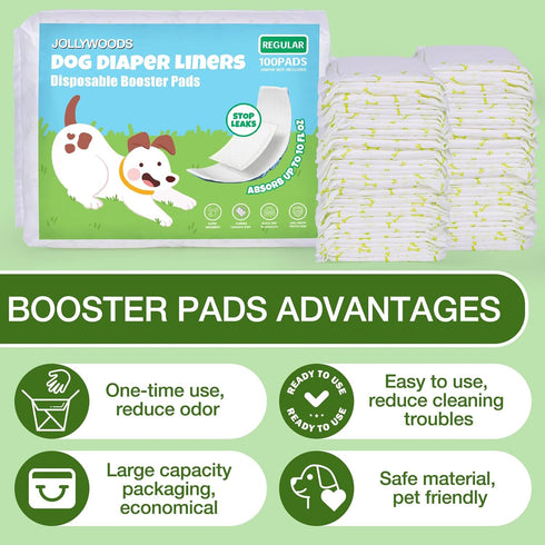 Jollywoods Long-150Count Dog Diaper Liners Booster Pads for Male & Female Dogs, Disposable Doggie Diaper Inserts Fit