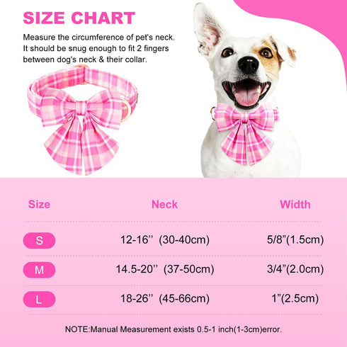 Elegant Pink Plaid Dog Collar with Bow Tie - Stylish Durable Adjustable Cotton Pet Collar for Small Medium Large Girls,