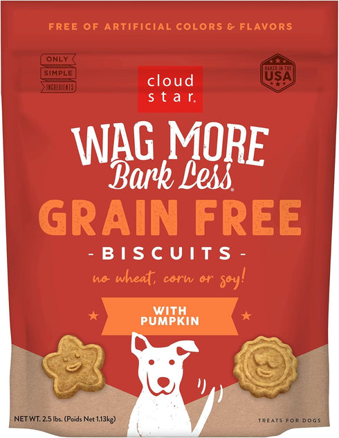 Cloud Star Wag More Bark Less - Grain Free Pumpkin Dog Treats - Crunchy Biscuits - 2.5 lb Pouch