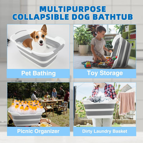 7.1 Gal/27L Multipurpose Collapsible Dog Bathtub, Raised Small Pet Bathtub with Drainage Hole and Pet Hair Collector