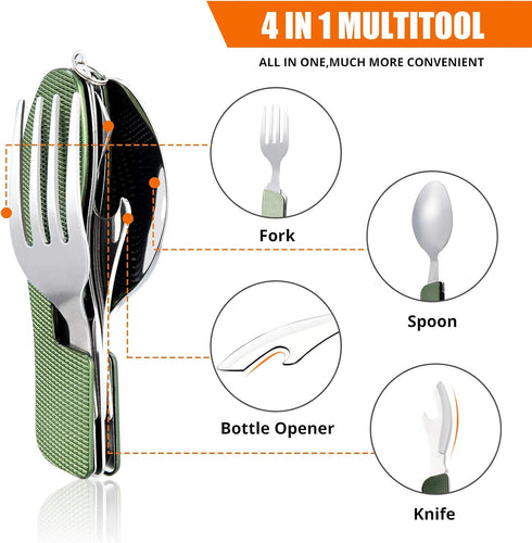 HIKENTURE Camping Utensils 2 Pack - 4-In-1 Stainless Steel Spoon Fork Knife Set for Backpacking Travel