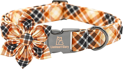 Lionheart Glory Dog Collar with Flower, Fall Halloween Plaid Adjustable Collars for Large Dogs