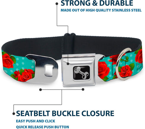 Dog Collar Seatbelt Buckle, Red Roses Polka Dots, Turquoise, 9 to 15 Inches, 1.0 Inch Wide