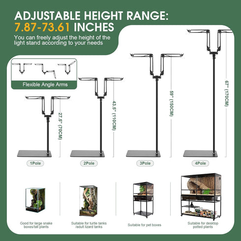 Stand,15.7-74.3 Inch Stand,360 MECESOR Dual Reptile Lamp Height Adjustable Reptile Light Sewing Flexible Arms,Heat Lamp