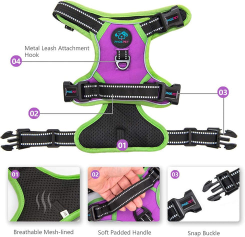 PHOEPET 2019 Upgraded No Pull Dog Harness, Reflective Adjustable Vest with Training Handle, Purple, Size L
