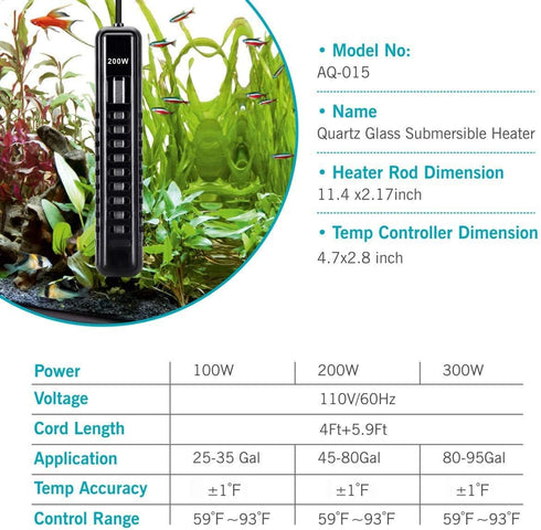 AQQA 200W Aquarium Heater for 45-80 Gallon Submersible Fish Tank, Suitable for Betta Fish