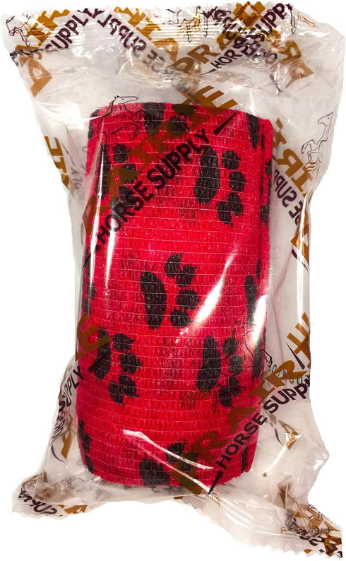 Vet Wrap Tape (Red with Paws) (2 Pack) (4 Inch x 15 feet) Self Adhesive Cohesive Flex Bandage for Pets