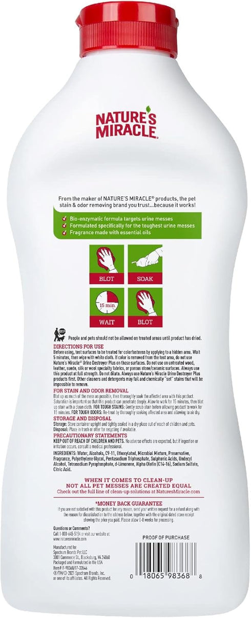 32 oz Nature's Miracle Urine Destroyer Plus for Dogs, Enzymatic Formula for Severe Dog Urine Stains, fl