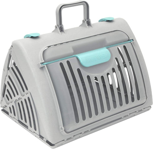 SportPet Designs Foldable Travel Cat Carrier with Waterproof Bed, Front Door Plastic Collapsible Carrier, Gray
