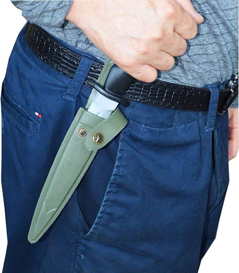 Rubber Dagger Prop Knife, Harmless Safe Fake Knife with Army Green Scabbard, Length 10.5 Inch