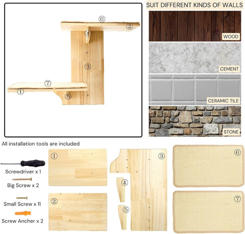 2 2 Cat Wall Shelves, Wall Mount Adult Cat Tree with Steps Sisal Scratch Mats, Solid Wood Kitten Bed Pet Climber