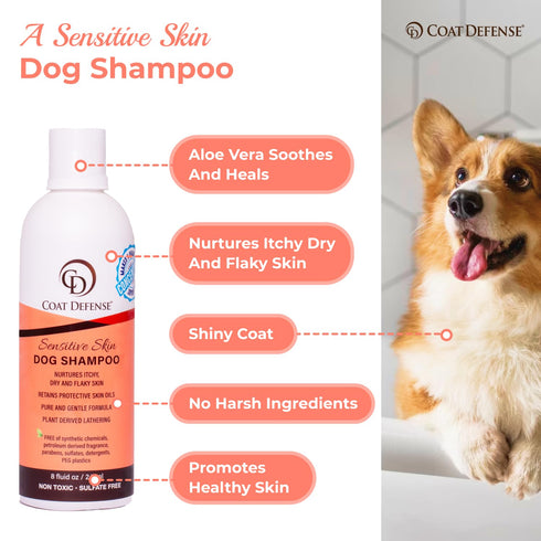 COAT DEFENSE Sensitive Dogs Shampoo, All-Natural Hypoallergenic, Soothes Itchy & Dry Skin, 8 Ounces Concentrated