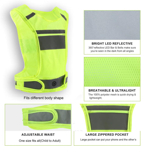 LED Reflective Safety Vest, USB Rechargeable Running Gear with Adjustable Storage Pocket