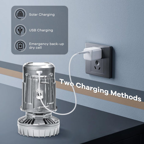 Solar Camping Lantern with Fan, Emergency Flashlight, USB Rechargeable Portable LED Lanterns for Tents, Power Outage