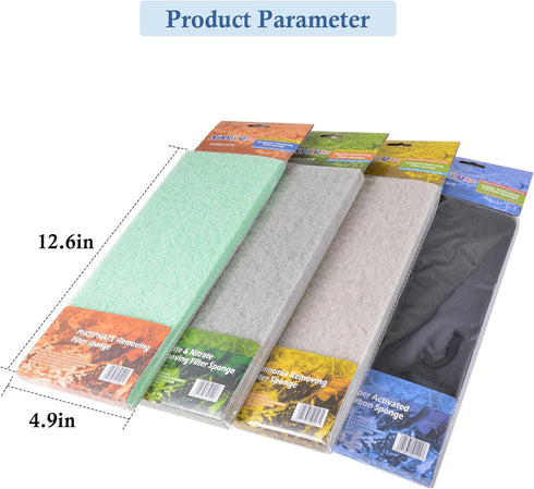 4-Pack Ammonia&Carbon&Phosphate (12.6" 5" 1'') Mixed Aquarium Filter Sponge, Cut-to-Fit Filter Media with Reducer
