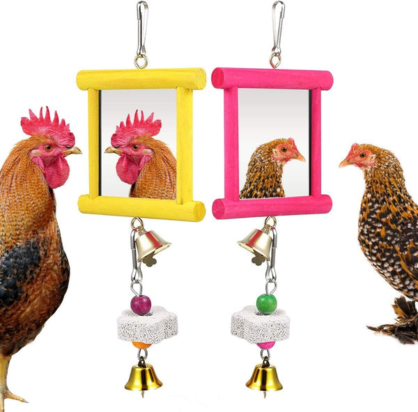Vehomy 2Pcs Chicken Mirror Toys for Hens Hanging Swing Mirror Toys with Bells