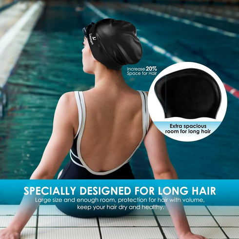 Large Long Hair Swim Cap - Silicone Swimming Cap for Women Men, Extra Room for Long Thick Hair with Ear Plugs
