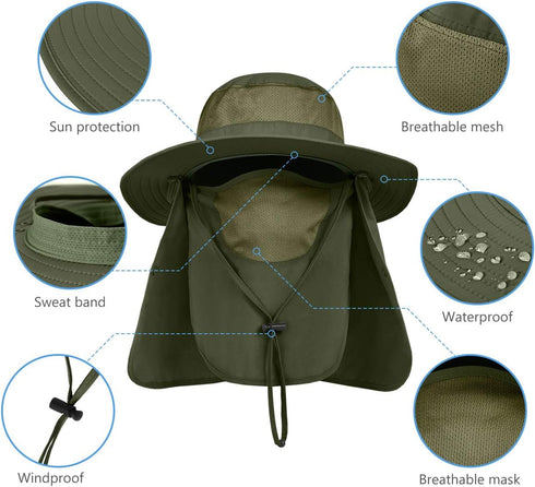 UPF 50+ Wide Brim Sun Protection Fishing Hat with Face & Neck Flap