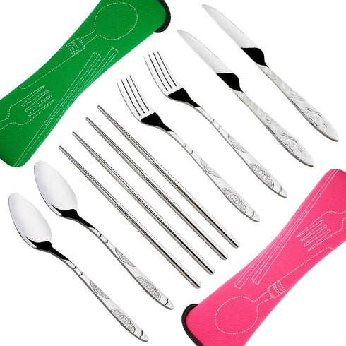SENHAI 8 Pieces Flatware Set: Knife, Fork, Spoon, Chopsticks - Rustproof Stainless Steel Dinnerware with Case
