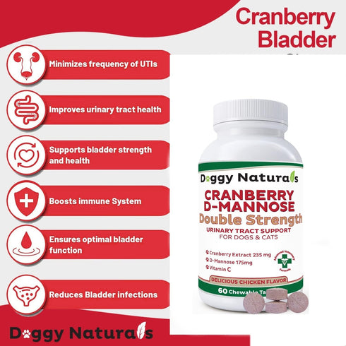 Cranberry D-Mannose for Dogs and Cats - Urinary Tract Infection Support, Double Strength Tablet, 60 Count