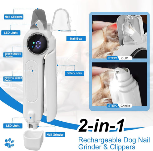 2-in-1 Trimmer 3 Dog Nail Clippers and Grinder, Electric Dog Nail for Large Medium Small Dogs & Cats with Speeds, USB