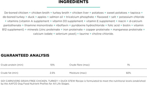 GO! SOLUTIONS Carnivore Protein Rich Wet Dog Food - Grain Free Chicken, Turkey and Duck Stew - Complete & Balanced Nutrition for All Life Stages, 12.5 oz