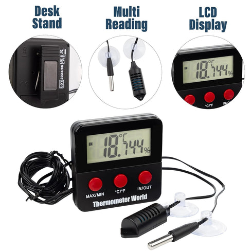Digital Reptile Thermometer and Humidity Gauge, Remote Probes for Terrarium, Hygrometer, Thermo Humidor