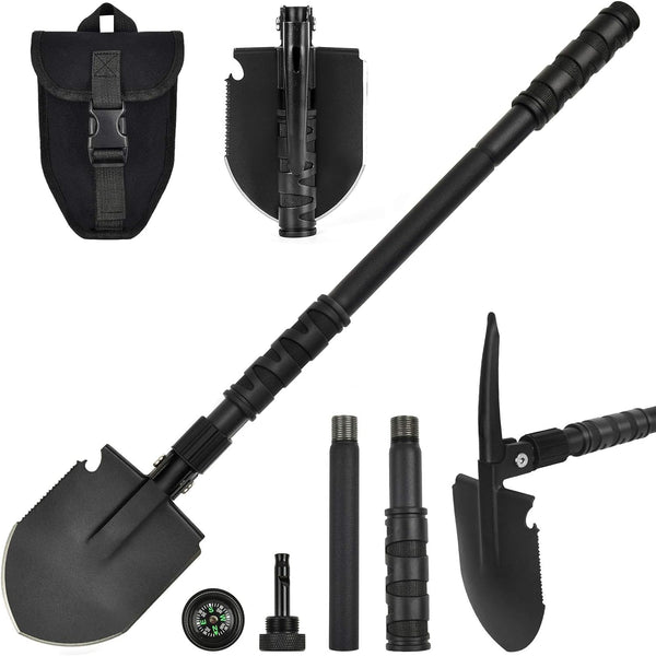 Folding Shovel (24.21'') - Camping Survival Off Road E Tool with Pickaxe, Portable Bag