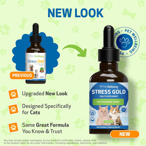 Pet Wellbeing Stress Gold for Cats - Supports Relaxation, Travel, Vet Trips, 2 oz (59 ml) Herbal Supplement
