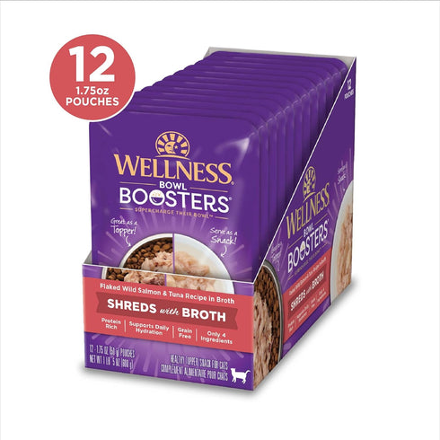 Wellness Bowl Boosters Grain Free Wet Cat Food Topper, Flaked Salmon & Tuna Recipe in Broth, 1.75 Ounce Pouches (Pack of 12)