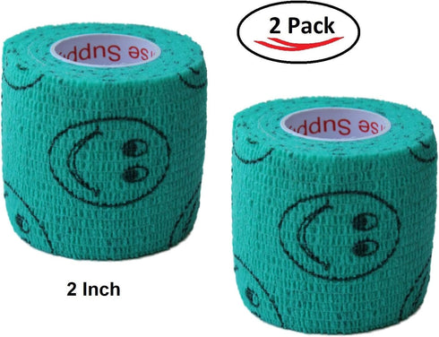 Vet Wrap Tape (Teal with Smiles) (2 Pack) (2 Inch x 15 feet) Self-Adhesive Cohesive Flex Bandage for Pets