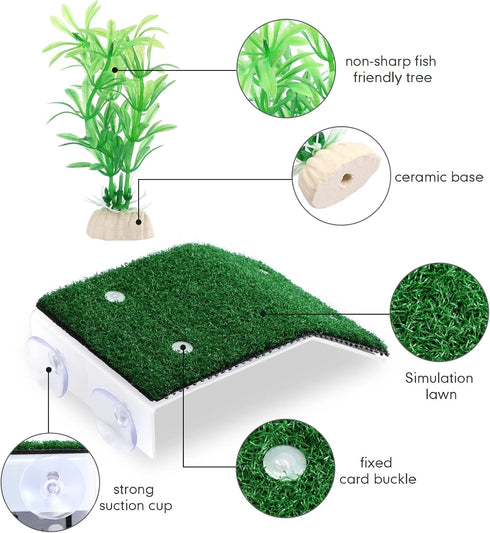 2 Pcs Medium Turtle Basking Platform Ramp with 6 Pcs Artificial Plastic Aquarium Plants for Small Reptile