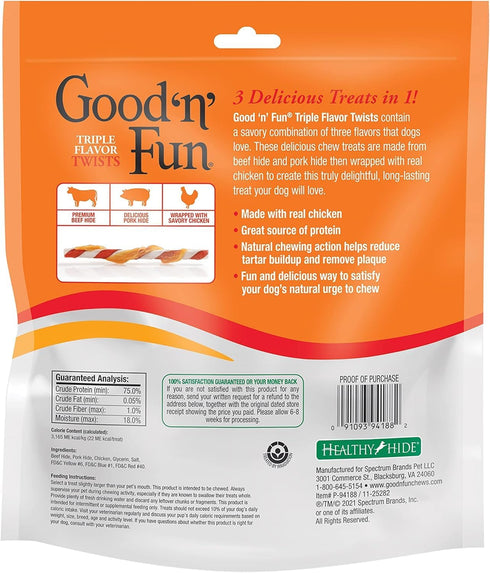Good'n'Fun Triple Flavor Twists, Dog Chew Sticks, Premium Chicken and Beef Hide Treats for Dogs, 70 Count