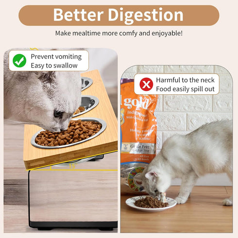 Raised Elevated Cat Food Water Bowl, Small Dog 15° Tilted Feeding Tray with 3 Stainless Steel Bowls (Wood Color)