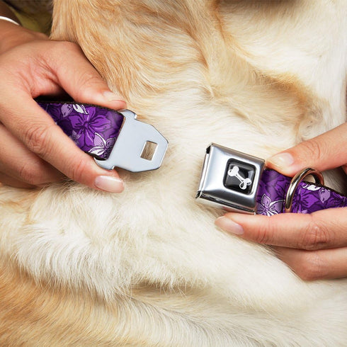 Dog Collar Seatbelt Buckle Hibiscus Collage, Purple Shades, 18 to 32 Inches, 1.5 Inch Wide