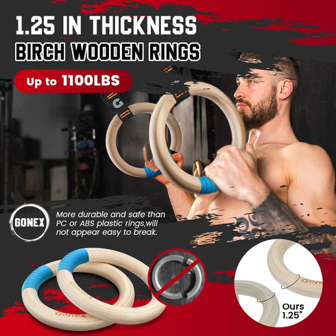 8.5 Gonex Wooden Gymnastic Rings with Adjustable Number Straps, Olympic Rings for Gym, Workout, Exercise, Outdoor