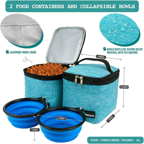 PetAmi Airline Approved Dog Travel Backpack - Teal Blue with Food Container and Collapsible Bowls