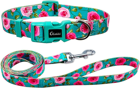 Dog Collar and Leash Set, Rose Pattern Polyester Material, 5ft Matching Leash for Small Dogs (S, Green Rose Set)