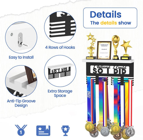 25 Medal Holder Display Trophy Shelf Organizer, Sturdy Wooden Race Award Hanger Rack with Steel Hooks, Wall Mount