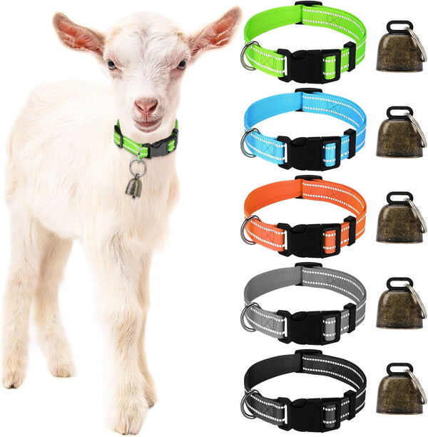5 Pack Reflective Goat Collars with Bells, Adjustable Nylon Collar Set for Small Farm Animals, Loud Bronze Bell for