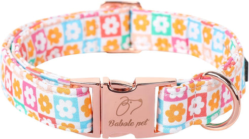 Cotton Dog Collar for Puppy Small Dogs, Adjustable Cute Boy Girl Collars with Metal Buckle Checkered Flower XS