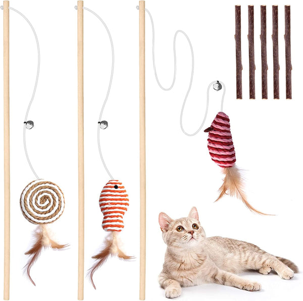 Cat Toys for Indoor Cats - 3pcs 16 Inch Natural Wood Teaser Wand with Refills, Bonus 5pcs Catnip Sticks for Play