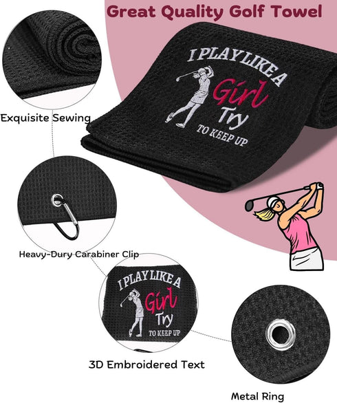 Funny Golf Towel, I Play Like A Girl Try to Keep Up - Embroidered Golf Gifts for Women with Clip