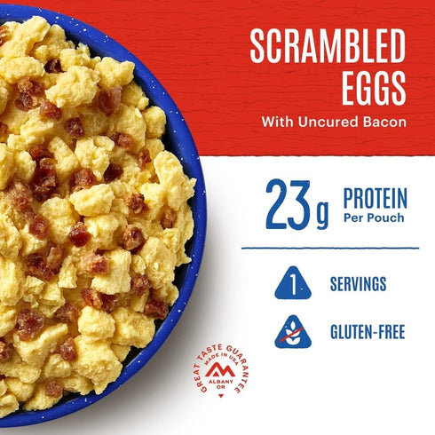 Mountain House Scrambled Eggs with Bacon | Gluten-Free Freeze Dried Backpacking & Camping Food | Single Serving