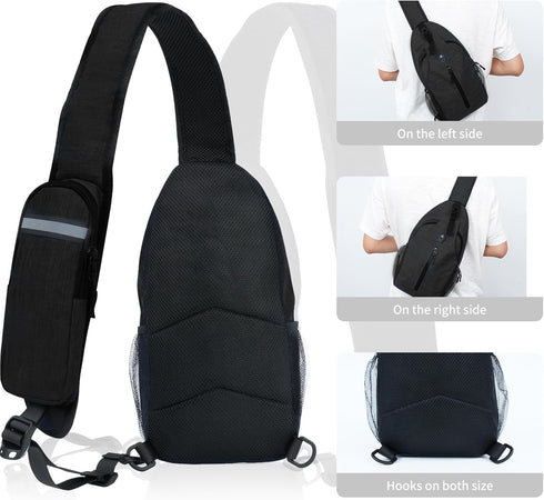 Sling-Bag Crossbody-Bag for Women and Men, Portable Hiking Daypack with Water Bottle Pocket (Black)