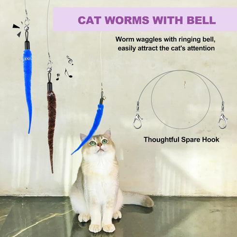 11PCS Cat Wand Toy, Interactive Toys for Indoor Cats, 2 Retractable Wands, 7 Worm Teaser Toys, 1 Plush Fish Toy, Extra